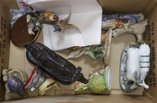 A patinated spelter figure of cow, signed C. Valton and a group of porcelain animal and bird figures